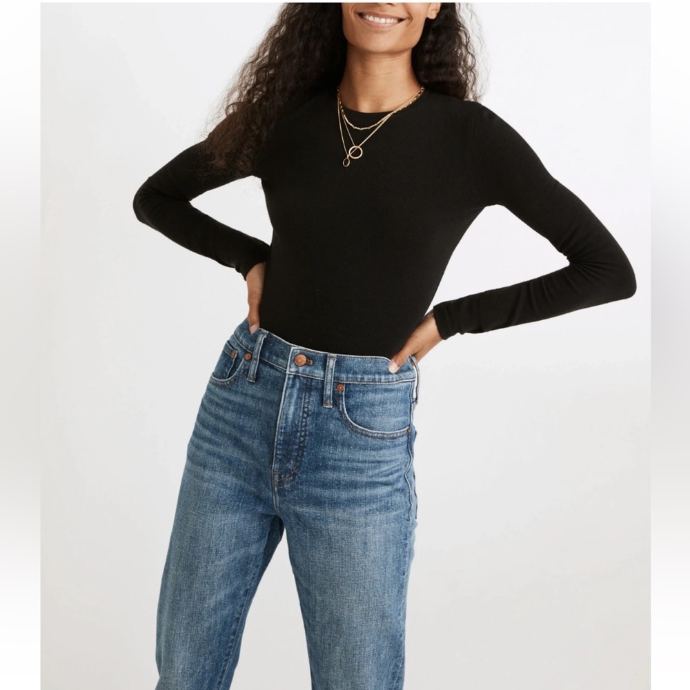 Madewell Women's Black Ribbed Long Sleeve Crewneck Bodysuit Sz XS Stretch